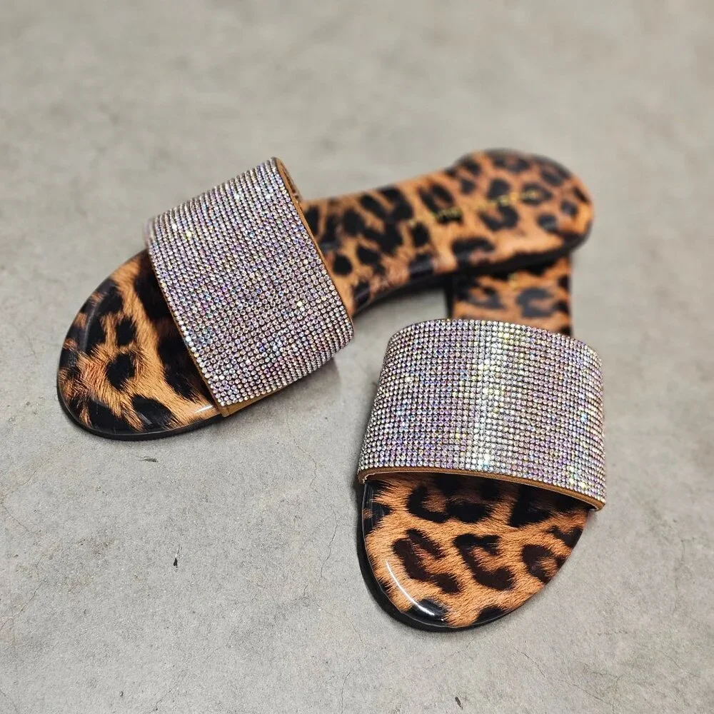 Leopard Print Slides With Rhinestone Straps Stylish Womens Sandals
